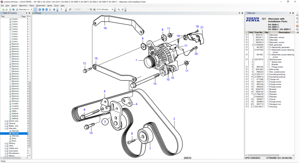 Volvo Penta Generators, Marine, and Industrial Engines OEM Electronic Parts Catalog (Alternator with Installation Parts)