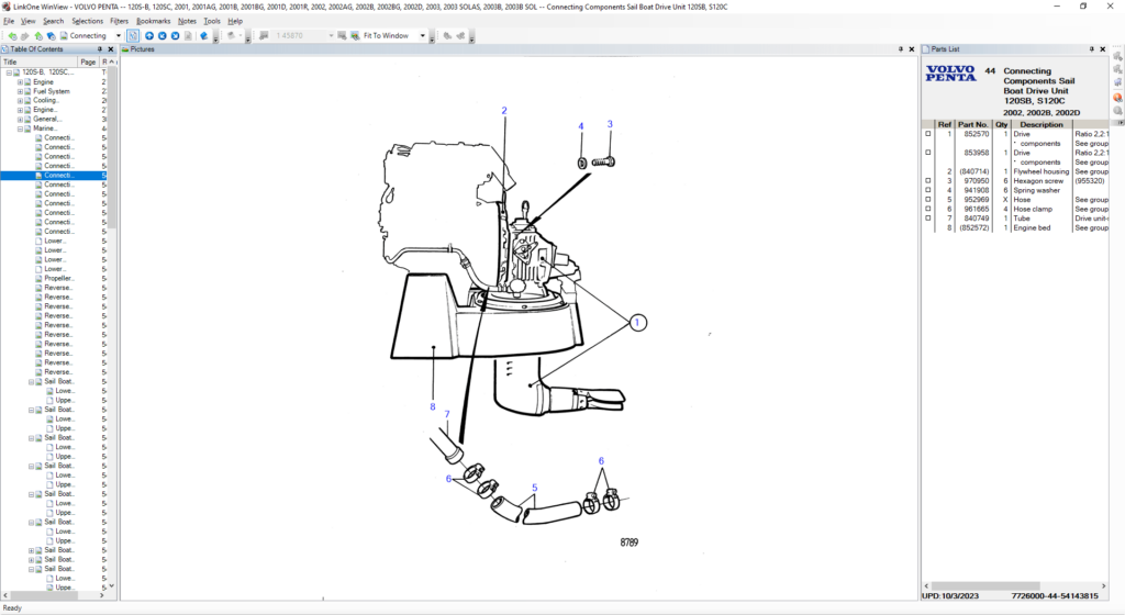 Volvo Penta Generators, Marine, and Industrial Engines OEM Electronic Parts Catalog (Connecting Components Sail Boat Drive Unit 120SB, S120C)