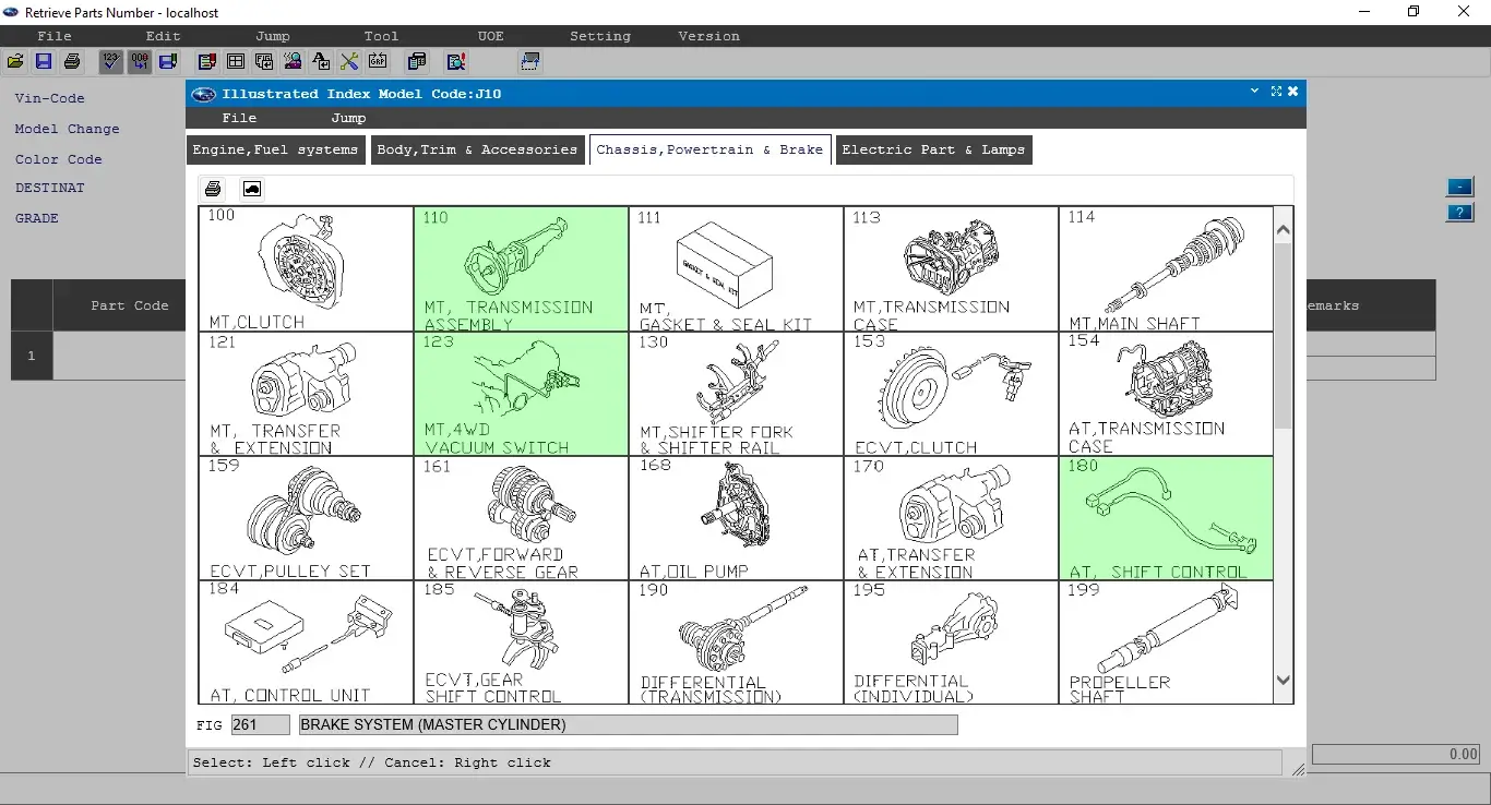Subaru FAST 3 gearbox and driveline parts selection screen including MT, AT, and CVT systems