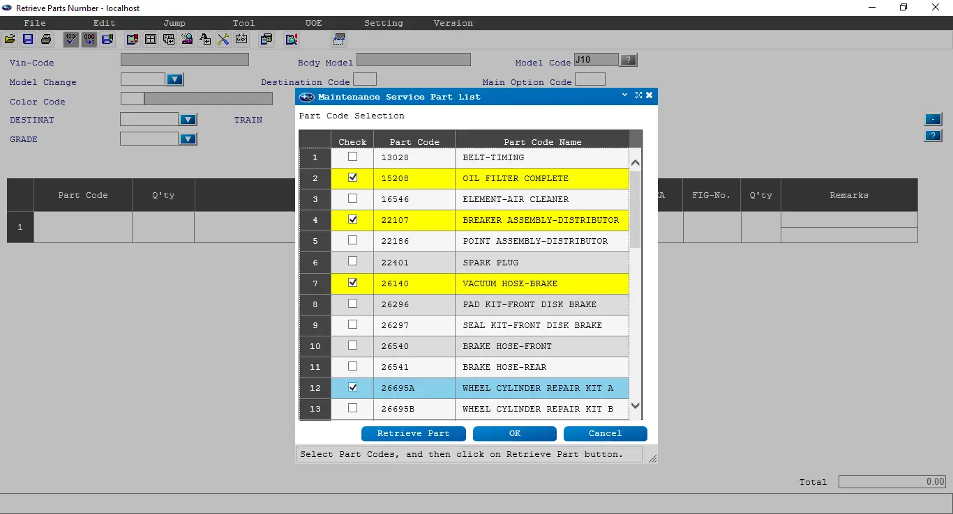 Subaru FAST 3 service parts selection window with oil filter, belts, and brake items