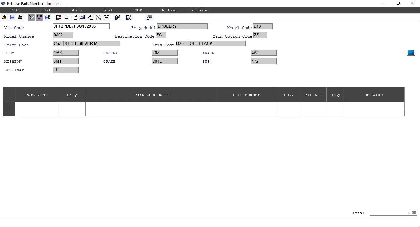 Subaru FAST 3 VIN-based vehicle configuration screen with engine, transmission, and trim details