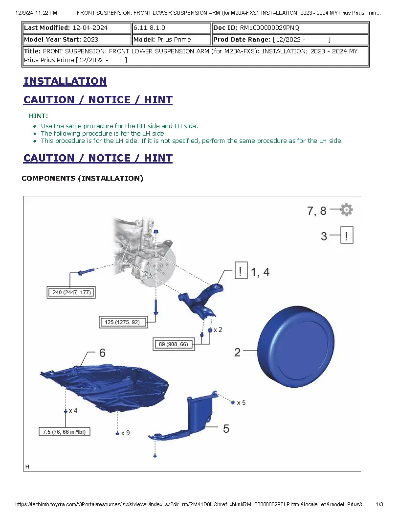 Toyota Prius Prius Prime 2023–2024 Workshop Service Repair Manual - FRONT SUSPENSION FRONT LOWER SUSPENSION ARM (for M20A-FXS) INSTALLATION