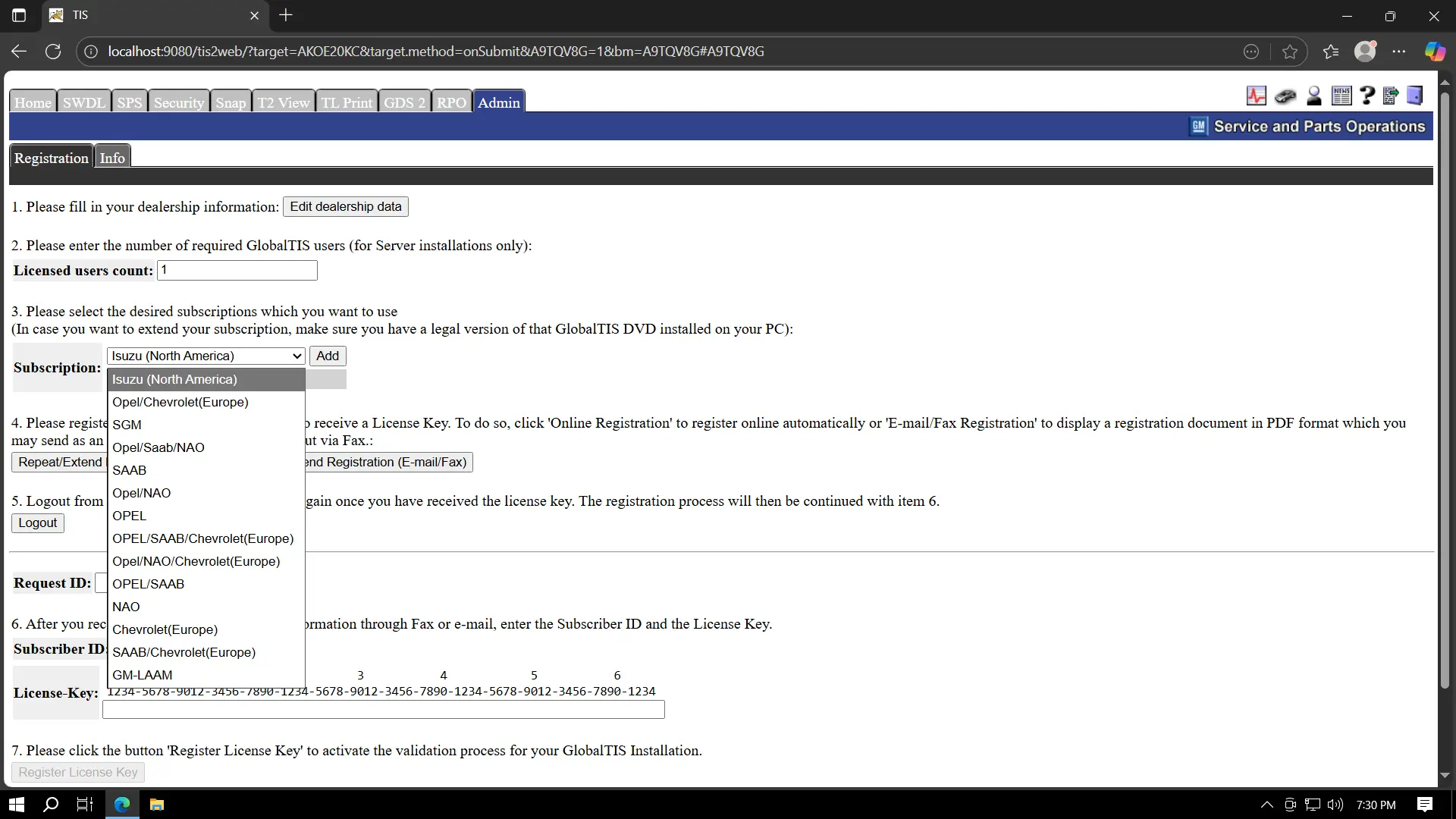 GlobalTIS and Tech2Win remote setup on Windows