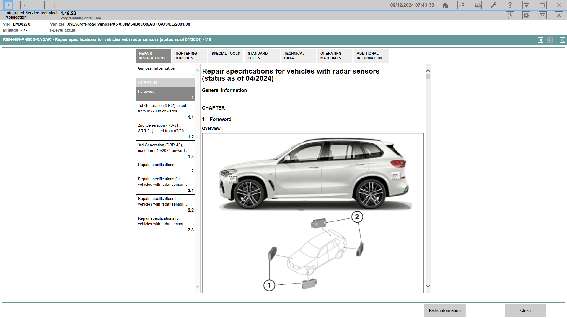 BMW X5 driver assistance radar sensor placement diagram displayed in ISTA technical software