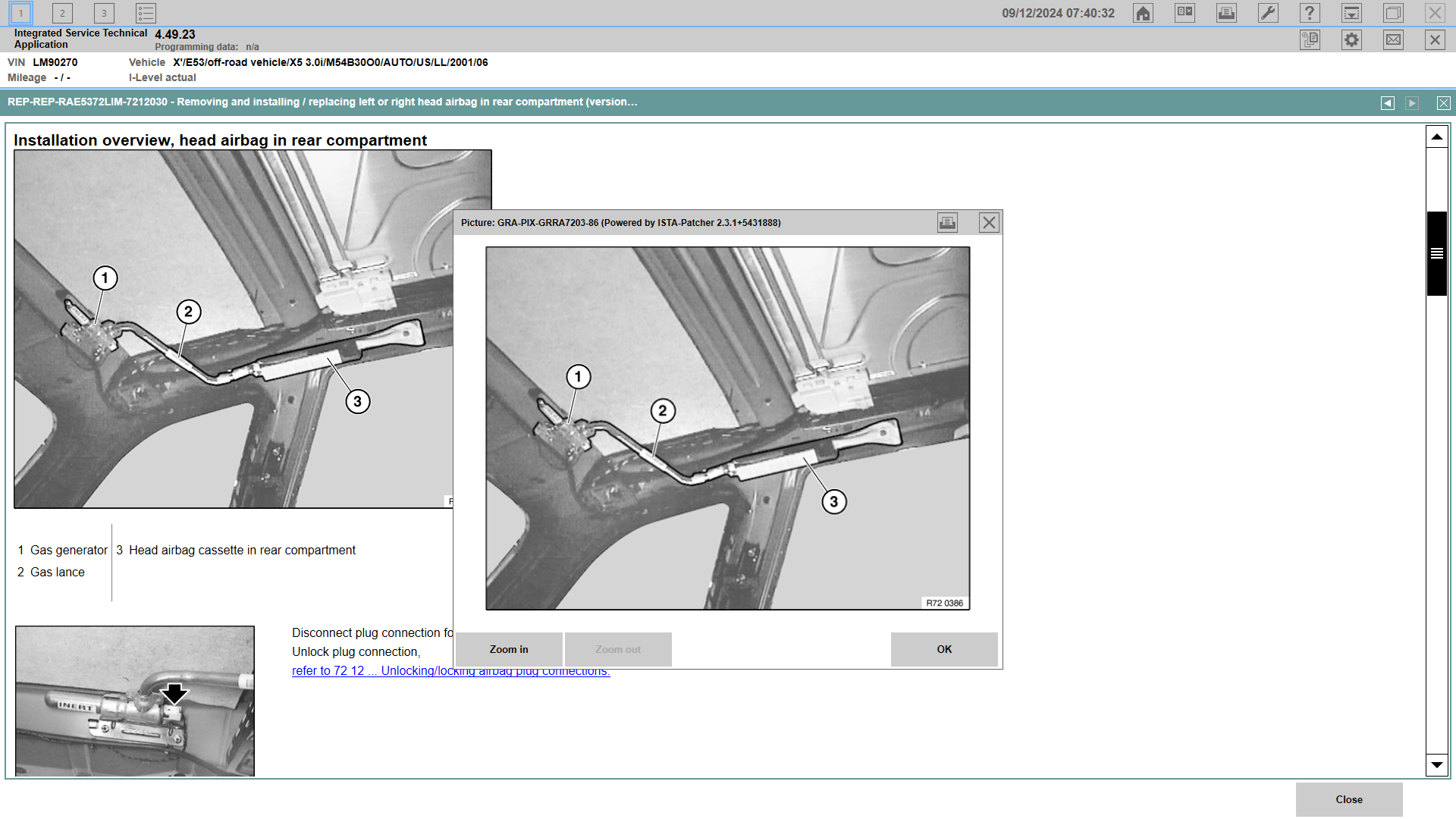 BMW Integrated Service Technical screen illustrating rear side head airbag cassette and gas generator layout
