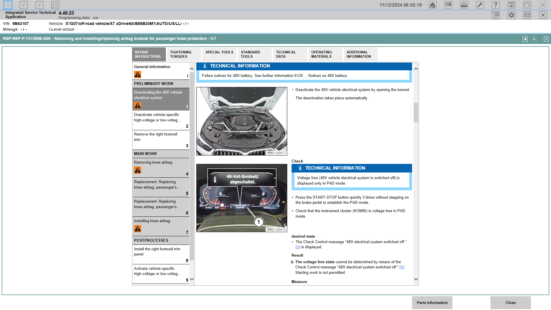 BMW Integrated Service Technical interface illustrating knee airbag replacement procedure with 48-volt system safety notice