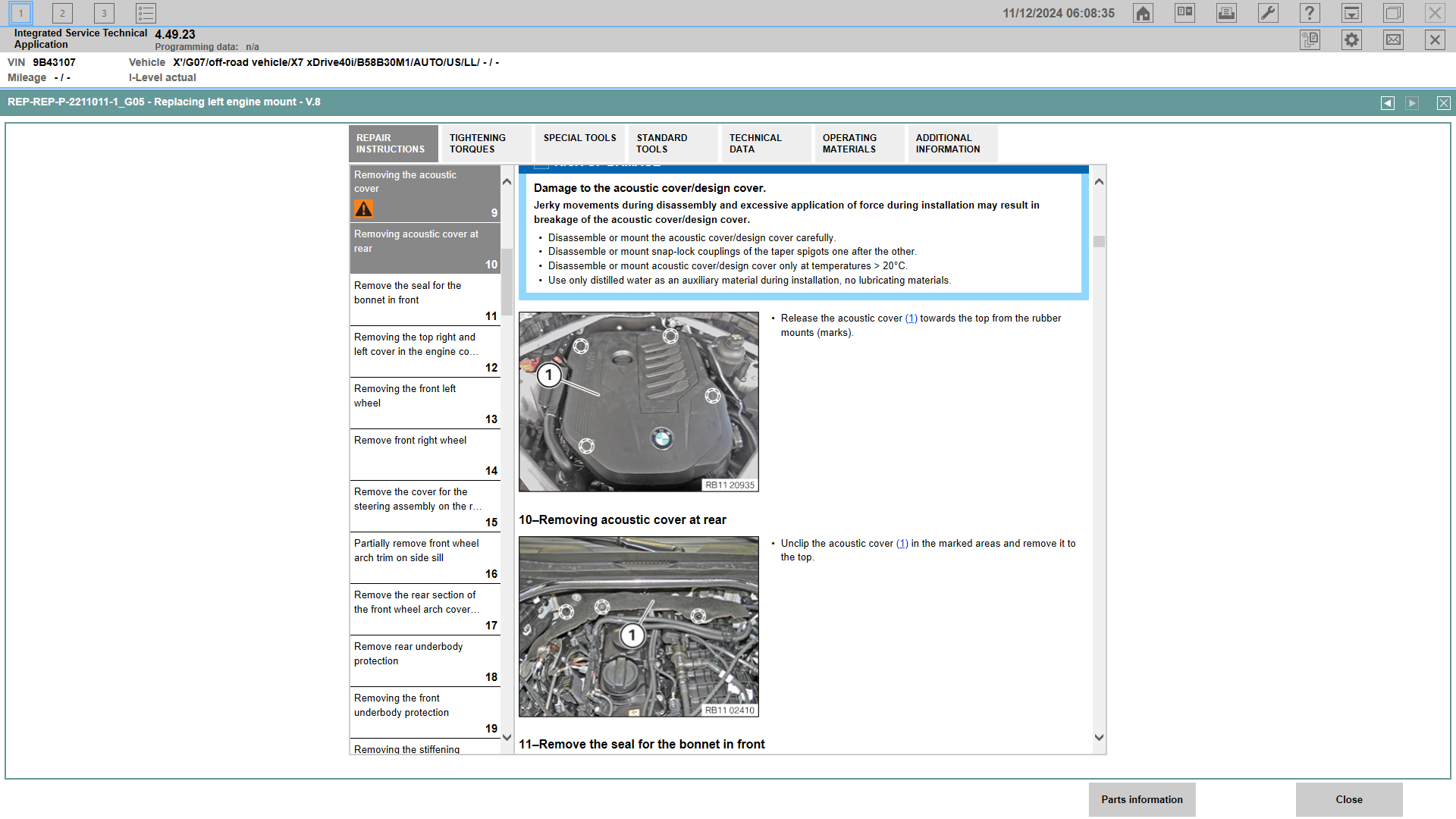 BMW ISTA service manual page displaying step-by-step removal of rear acoustic cover and bonnet seal