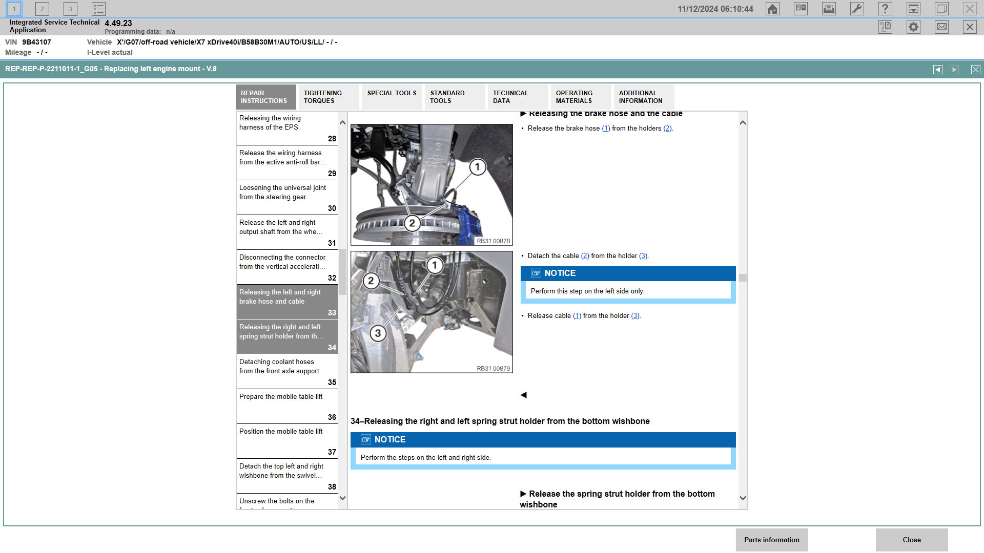BMW Integrated Service Technical screen illustrating brake hose and wiring release points on front suspension