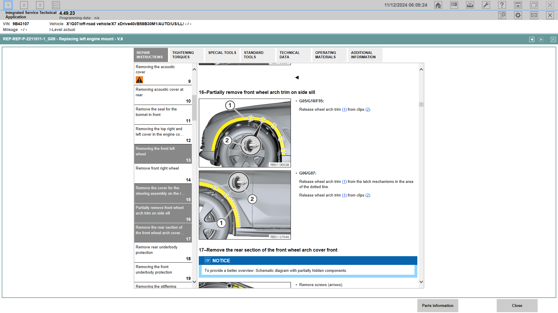 BMW ISTA technical illustration showing front wheel arch trim detachment from clips and latch mechanisms