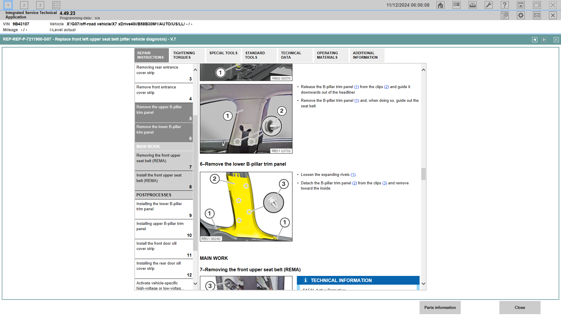 BMW ISTA technical illustration showing lower B-pillar trim panel removal with expanding rivets and clips