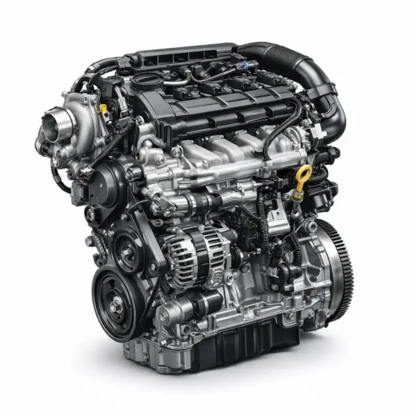 Detailed 3D render of the Škoda 1.4 TSI CHPA 103 kW engine, showing turbocharger, intake manifold, alternator, and belt drive layout