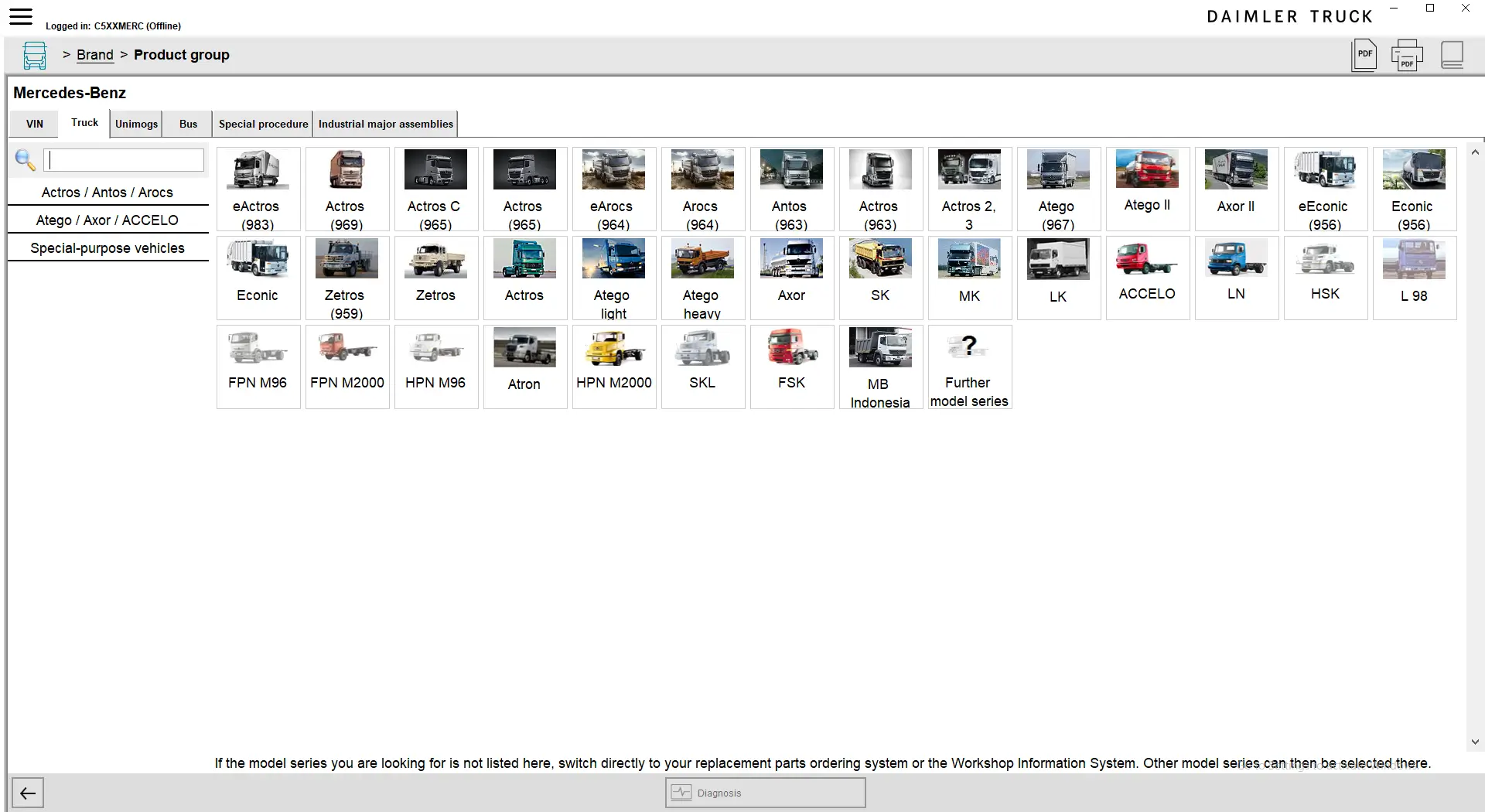 Daimler Truck XENTRY PassThru diagnostics showing Mercedes truck and bus model list